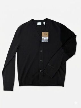Burberry CASHMERE Black V-Neck Button-Front Cardigan with logo NEW